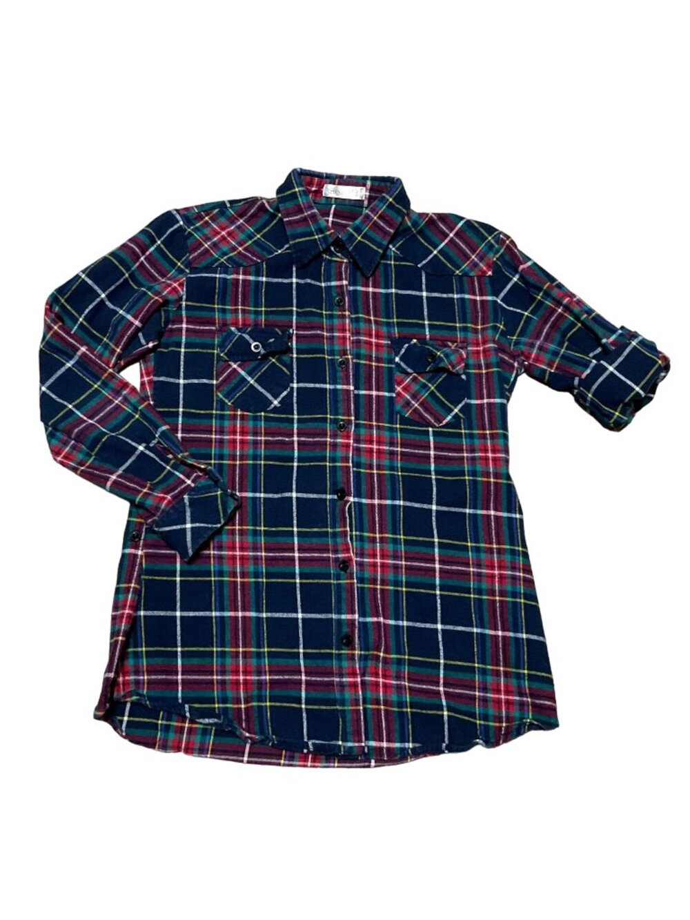 Y2K Benibos Matchstick Flannel Shirt Sz s Blue Roll Tab Sleeve and Hem Womens